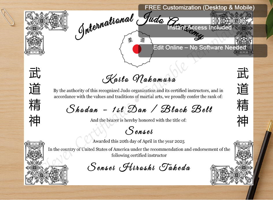Zoomed preview with Free Editor badge stack for Judo Rank Certificate