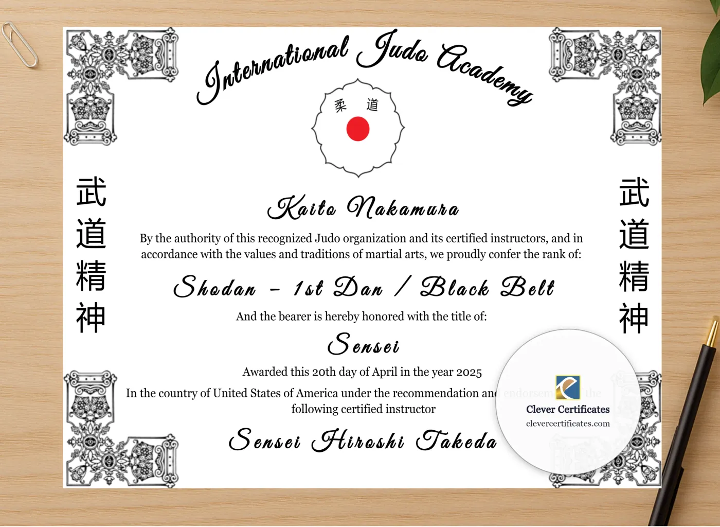 Professional preview of Judo Rank Certificate certificate on high-quality stationery paper, ideal for showcasing the final look.