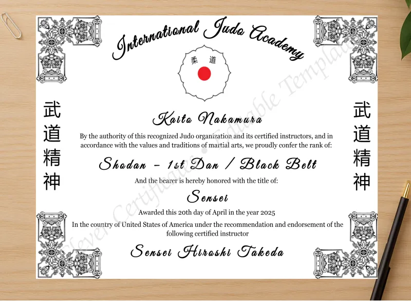 Professional preview of Judo Rank Certificate certificate on high-quality stationery paper, ideal for showcasing the final look.