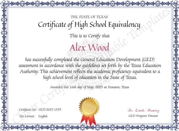 Texas GED Diploma Template