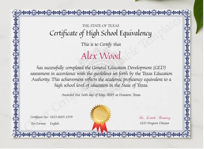 Official Texas GED Diploma presented in a sleek wooden frame, elegantly arranged on a stylish table.