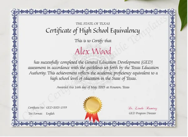 Official Texas GED Diploma presented in a sleek wooden frame, elegantly arranged on a stylish table.