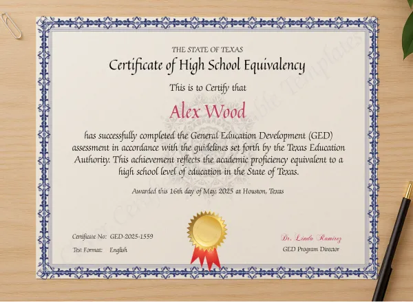 Professional preview of Official Texas GED Diploma certificate on high-quality stationery paper, ideal for showcasing the final look.
