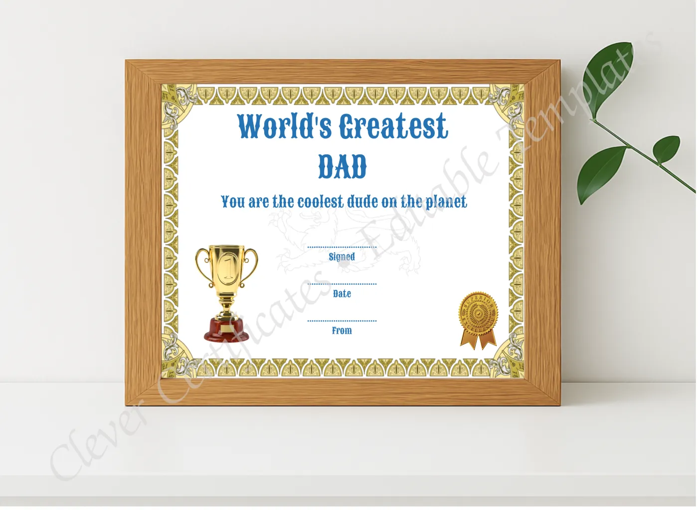 Realistic mockup featuring Greatest Dad Award displayed within a modern frame, set against a minimalistic background.