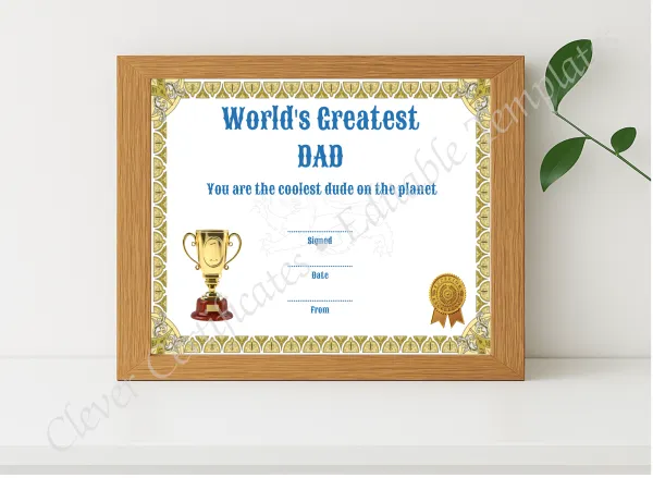 Realistic mockup featuring Greatest Dad Award displayed within a modern frame, set against a minimalistic background.