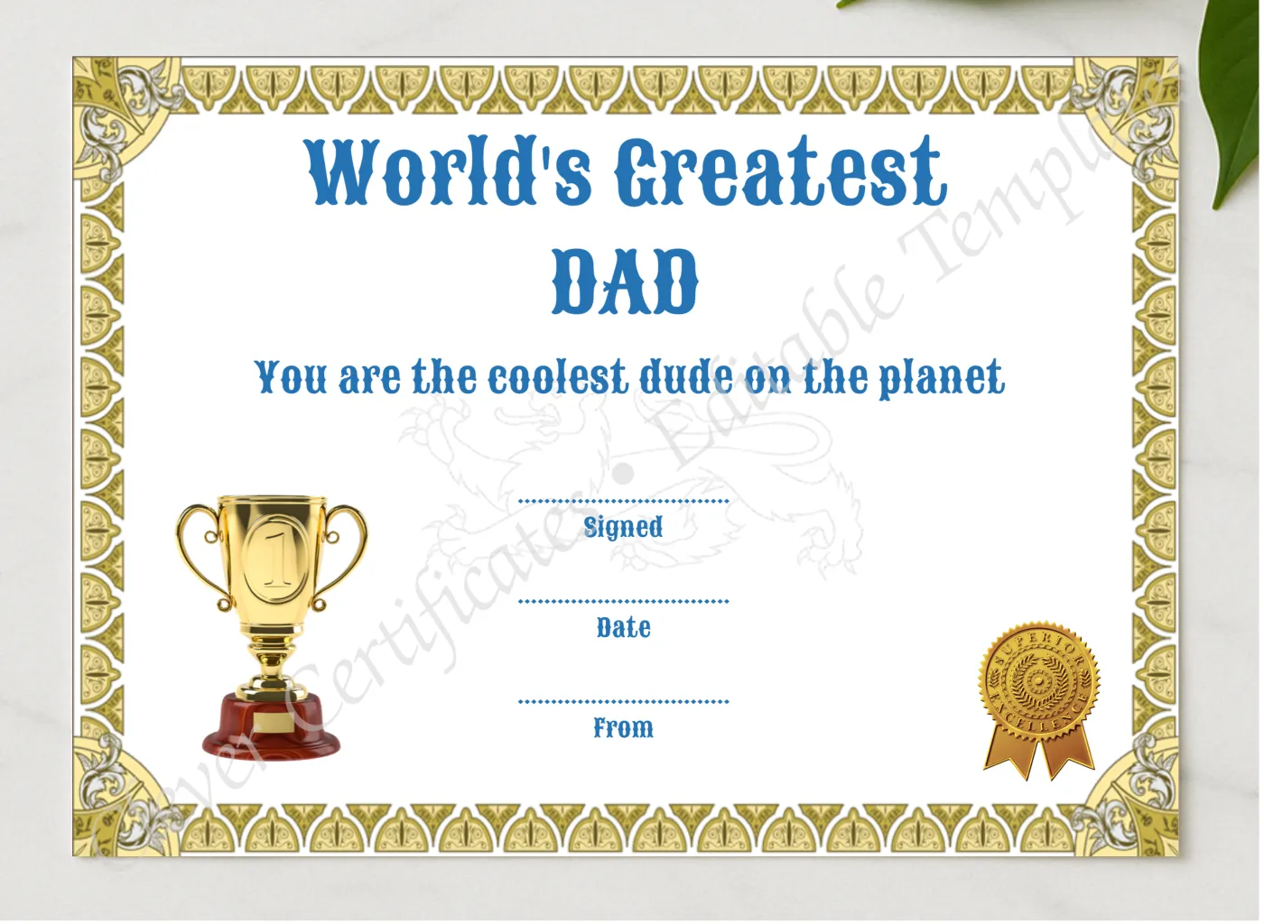 Greatest Dad Award presented in a sleek wooden frame, elegantly arranged on a stylish table.