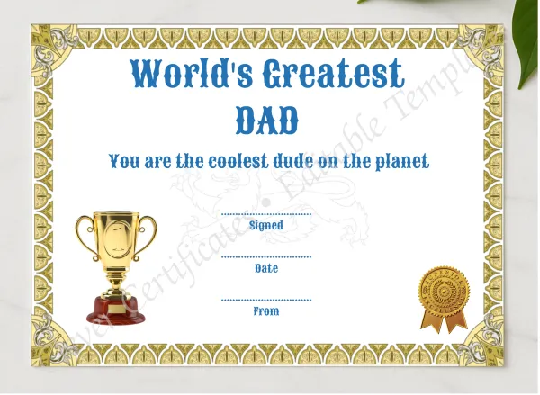 Greatest Dad Award presented in a sleek wooden frame, elegantly arranged on a stylish table.