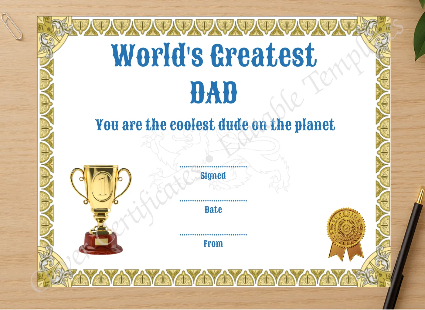 Professional preview of Greatest Dad Award certificate on high-quality stationery paper, ideal for showcasing the final look.