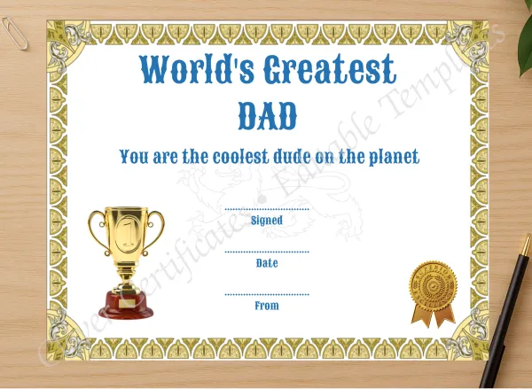 Professional preview of Greatest Dad Award certificate on high-quality stationery paper, ideal for showcasing the final look.