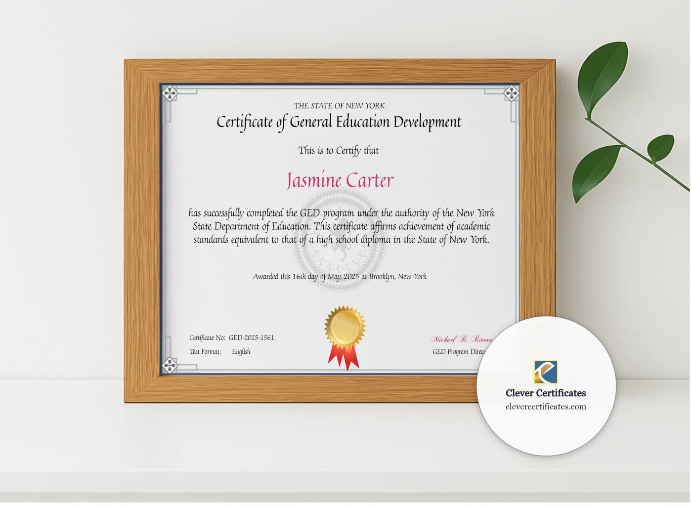 Realistic mockup featuring NYC GED Certificate displayed within a modern frame, set against a minimalistic background.
