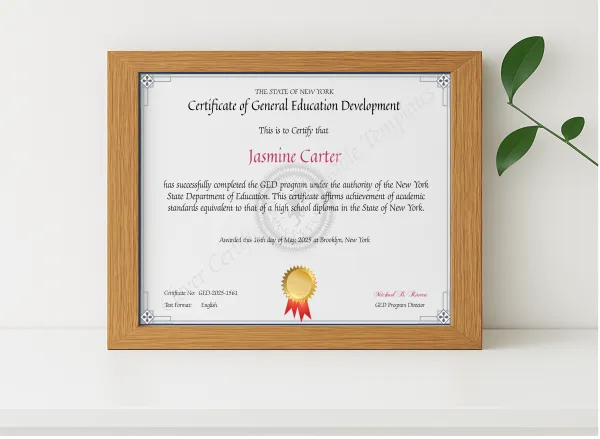 Realistic mockup featuring NYC GED Certificate displayed within a modern frame, set against a minimalistic background.