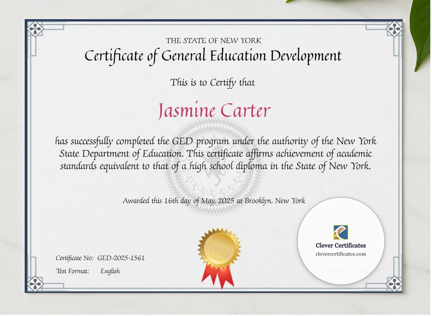 NYC GED Certificate presented in a sleek wooden frame, elegantly arranged on a stylish table.
