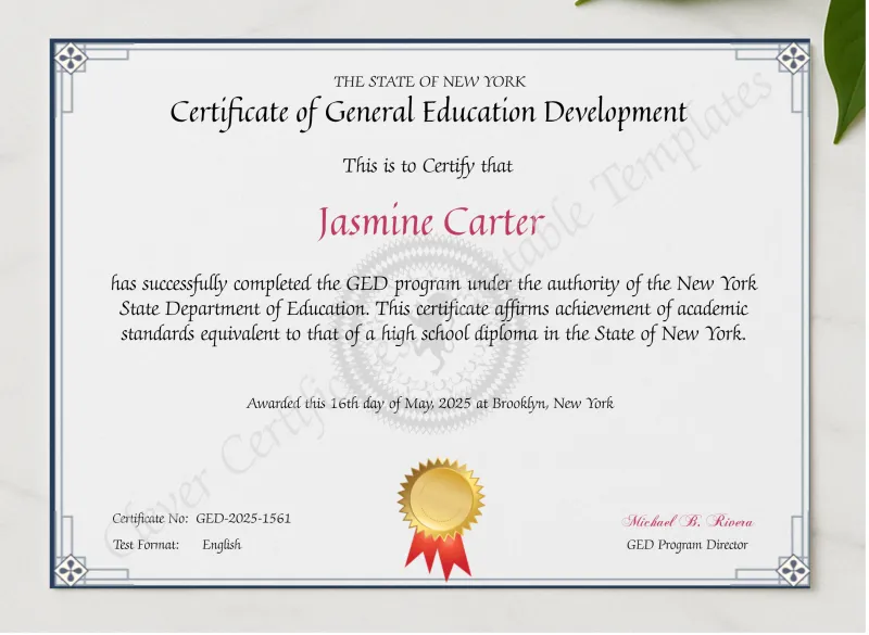 NYC GED Certificate presented in a sleek wooden frame, elegantly arranged on a stylish table.