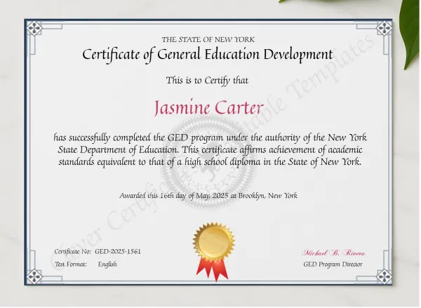 NYC GED Certificate presented in a sleek wooden frame, elegantly arranged on a stylish table.