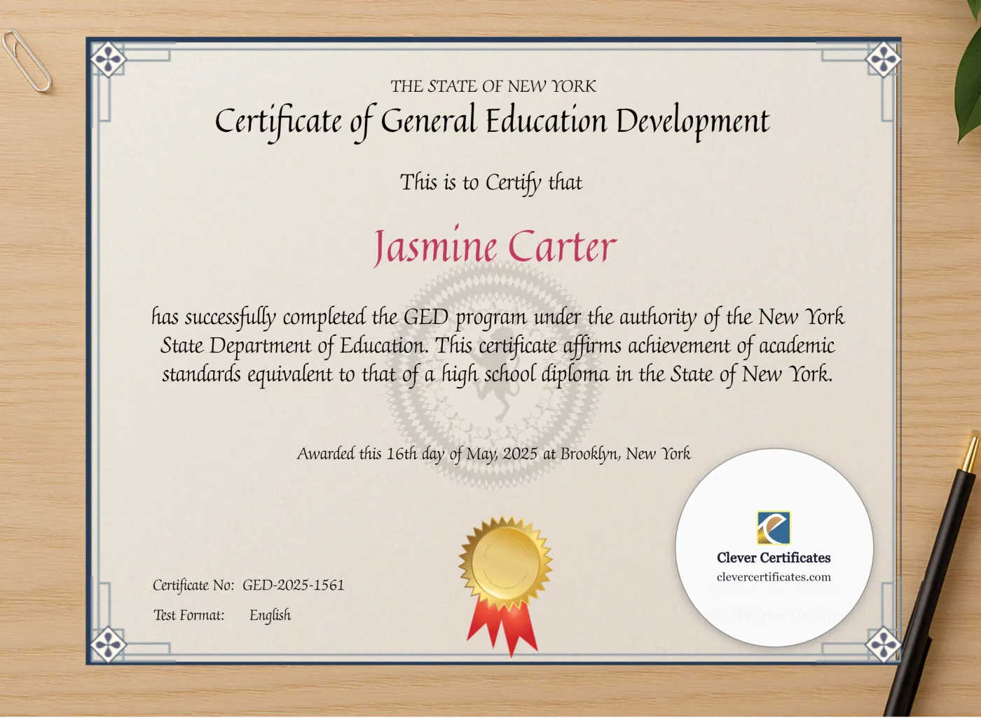 Professional preview of NYC GED Certificate certificate on high-quality stationery paper, ideal for showcasing the final look.