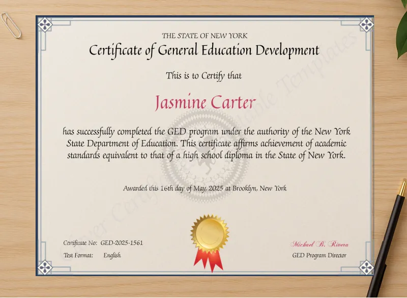 Professional preview of NYC GED Certificate certificate on high-quality stationery paper, ideal for showcasing the final look.
