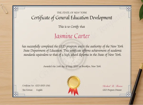 Professional preview of NYC GED Certificate certificate on high-quality stationery paper, ideal for showcasing the final look.