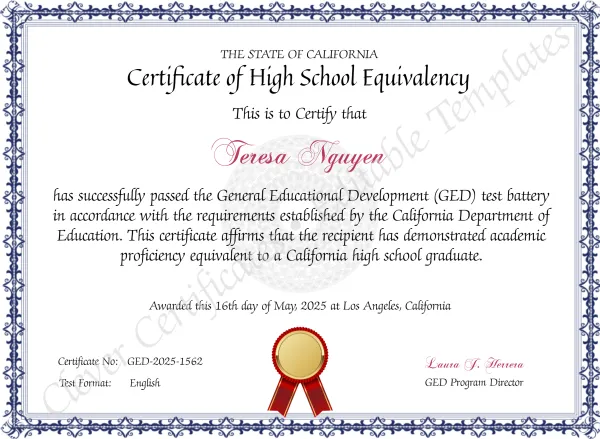Editable California GED Certificate Template
