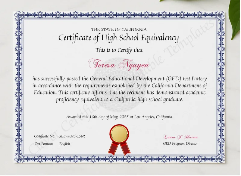 Editable California GED Certificate Template presented in a sleek wooden frame, elegantly arranged on a stylish table.