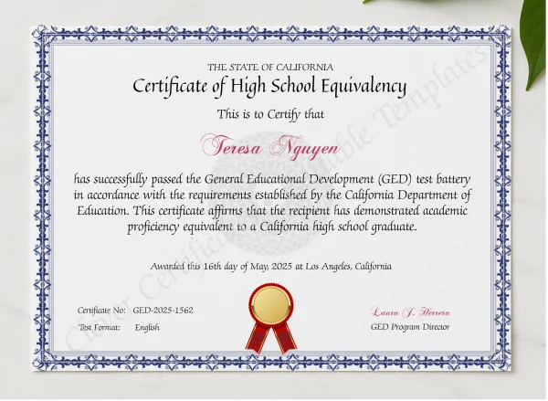 Editable California GED Certificate Template presented in a sleek wooden frame, elegantly arranged on a stylish table.