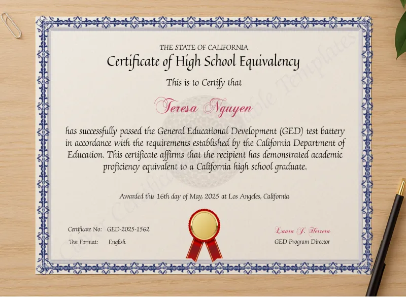 Professional preview of Editable California GED Certificate Template certificate on high-quality stationery paper, ideal for showcasing the final look.
