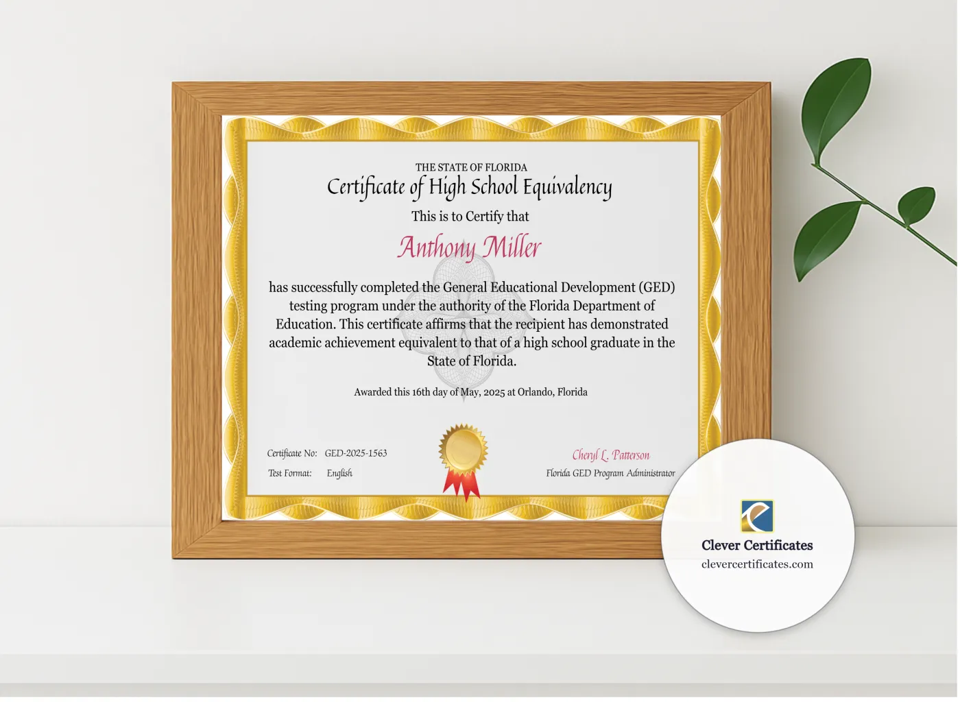 Realistic mockup featuring Florida GED Certificate displayed within a modern frame, set against a minimalistic background.