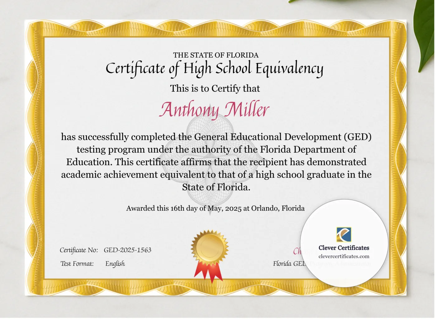 Florida GED Certificate presented in a sleek wooden frame, elegantly arranged on a stylish table.
