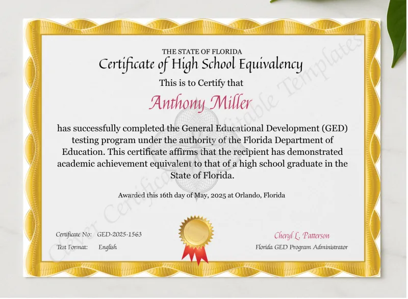 Florida GED Certificate presented in a sleek wooden frame, elegantly arranged on a stylish table.