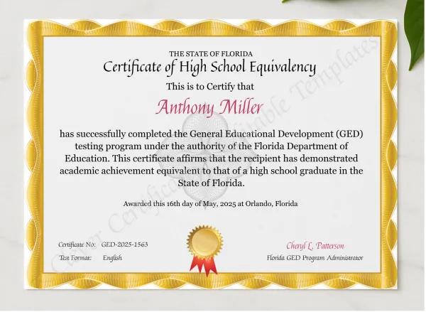 Florida GED Certificate presented in a sleek wooden frame, elegantly arranged on a stylish table.