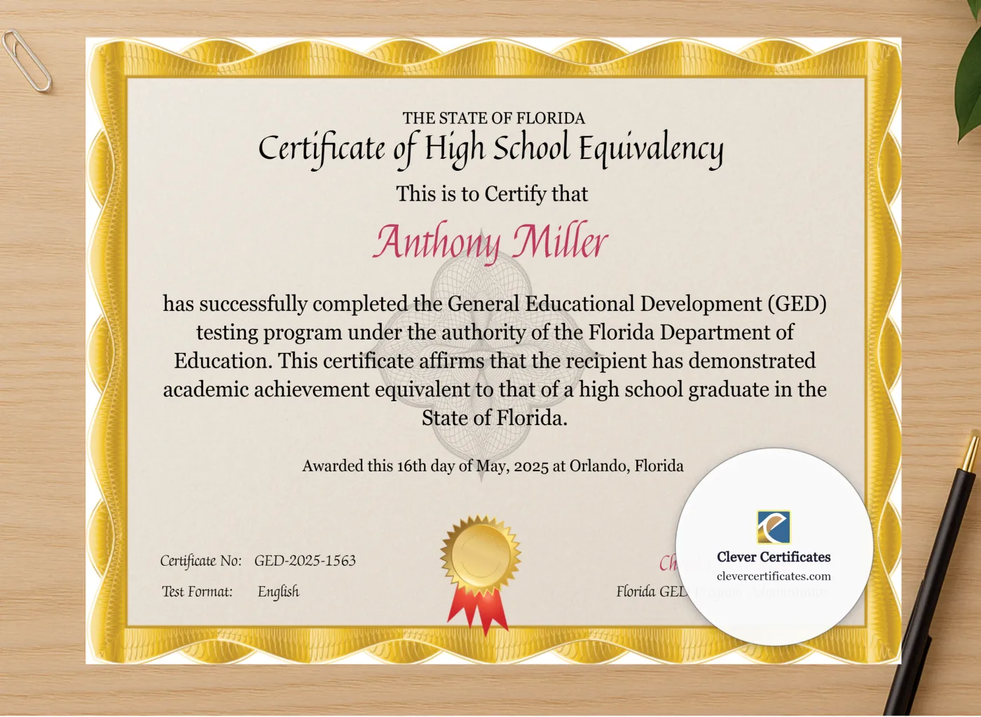 Professional preview of Florida GED Certificate certificate on high-quality stationery paper, ideal for showcasing the final look.