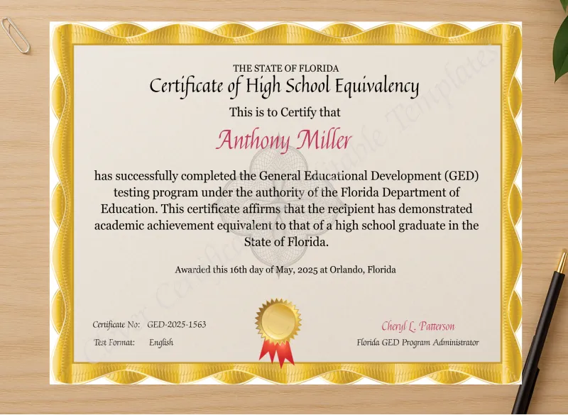 Professional preview of Florida GED Certificate certificate on high-quality stationery paper, ideal for showcasing the final look.