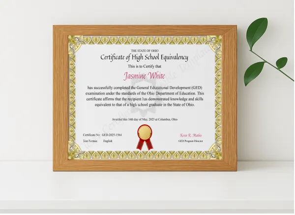 Realistic mockup featuring Ohio GED Certificate displayed within a modern frame, set against a minimalistic background.