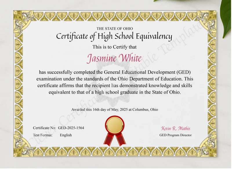 Ohio GED Certificate presented in a sleek wooden frame, elegantly arranged on a stylish table.