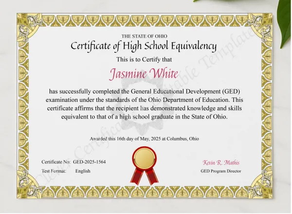 Ohio GED Certificate presented in a sleek wooden frame, elegantly arranged on a stylish table.
