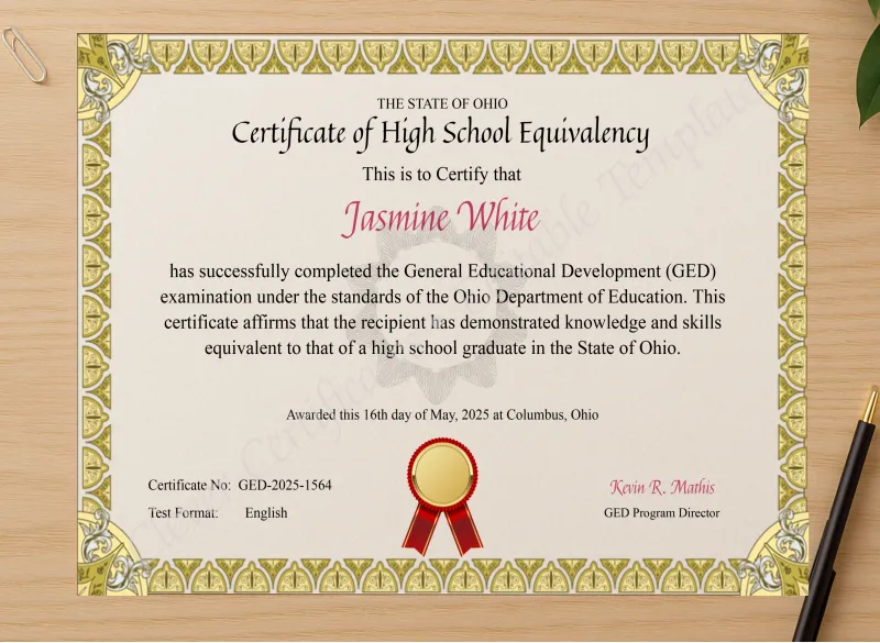 Professional preview of Ohio GED Certificate certificate on high-quality stationery paper, ideal for showcasing the final look.