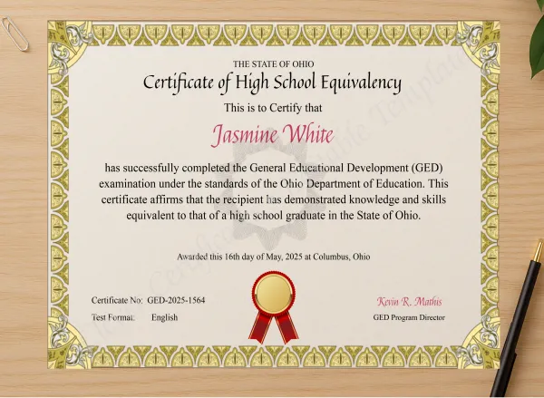 Professional preview of Ohio GED Certificate certificate on high-quality stationery paper, ideal for showcasing the final look.