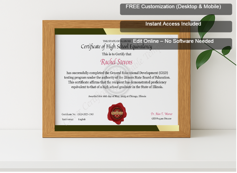 Premium mockup with Free Editor badge stack for Illinois GED Certificate