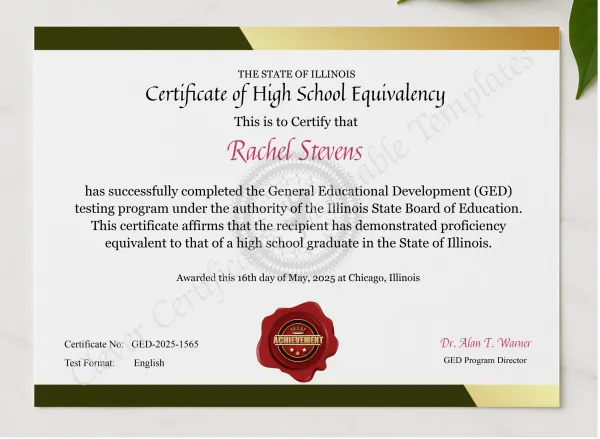Illinois GED Certificate presented in a sleek wooden frame, elegantly arranged on a stylish table.