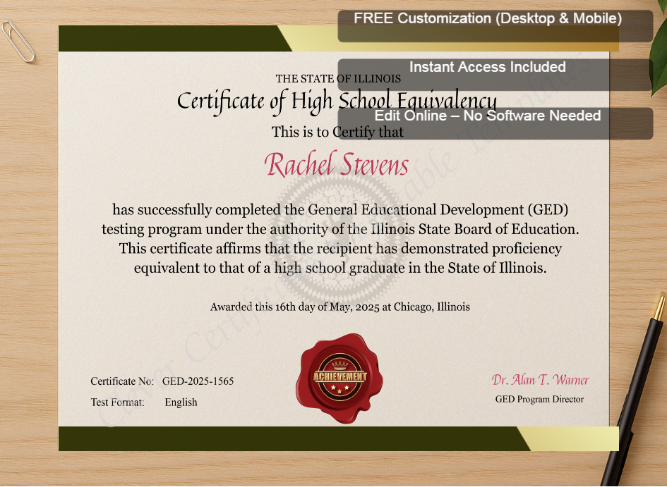 Zoomed preview with Free Editor badge stack for Illinois GED Certificate