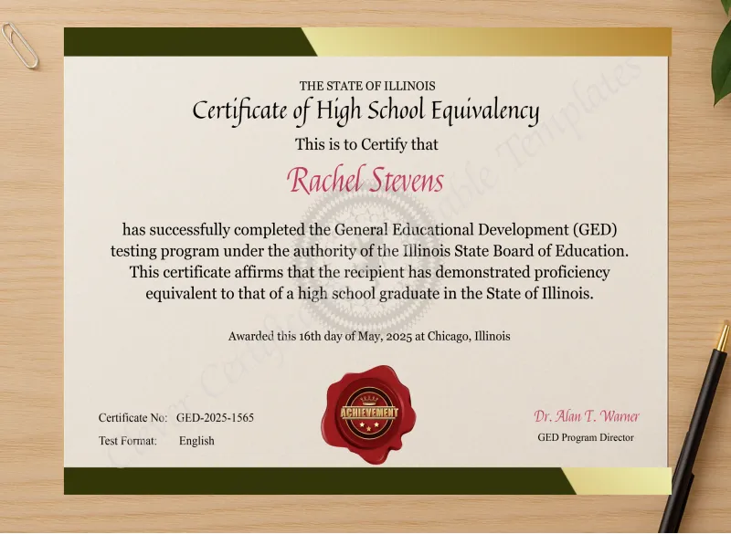 Professional preview of Illinois GED Certificate certificate on high-quality stationery paper, ideal for showcasing the final look.