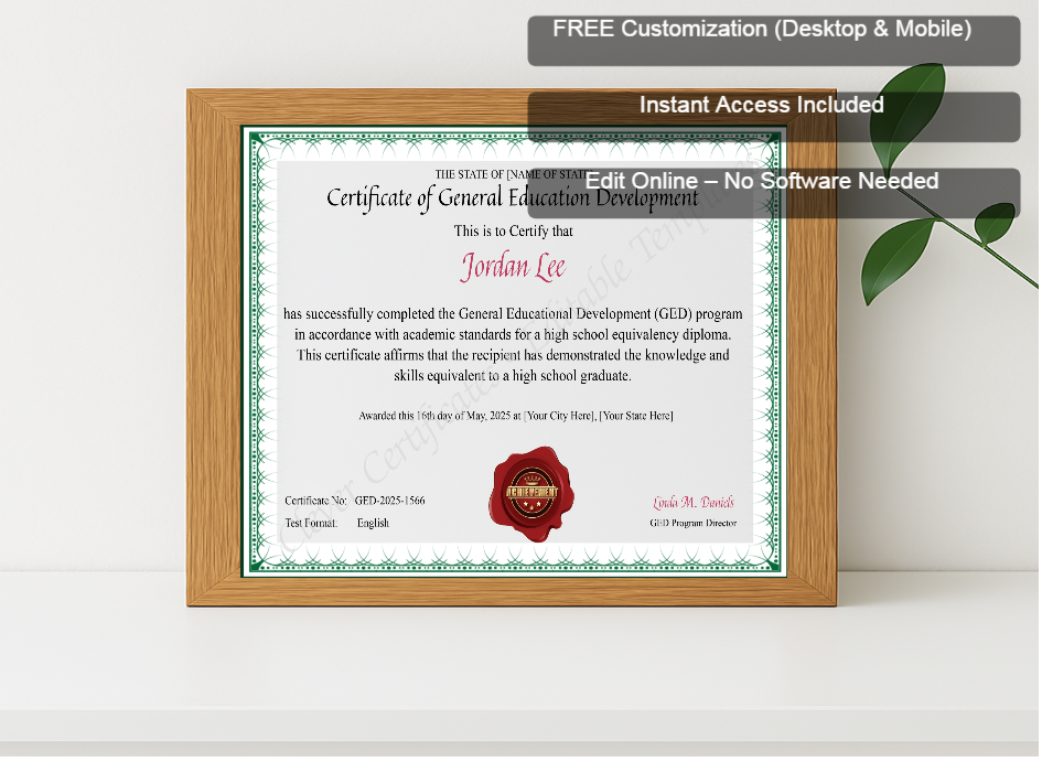 Premium mockup with Free Editor badge stack for GED Certificate