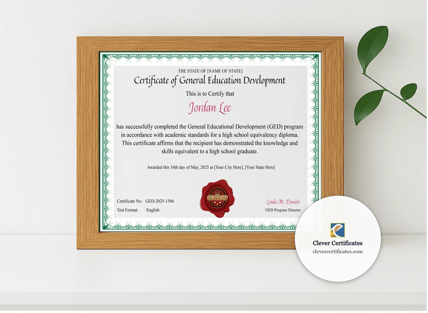 Realistic mockup featuring GED Certificate displayed within a modern frame, set against a minimalistic background.