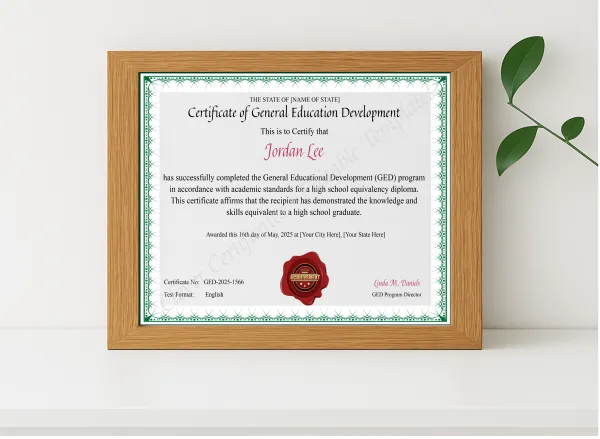 Realistic mockup featuring GED Certificate displayed within a modern frame, set against a minimalistic background.