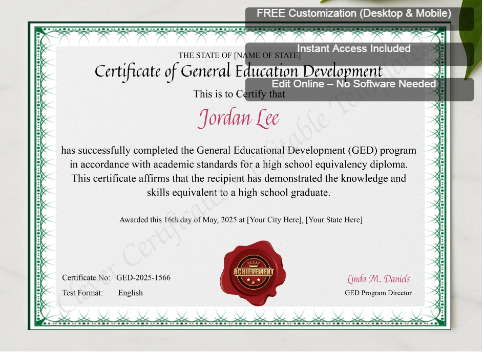Framed preview featuring Free Editor badge stack for GED Certificate