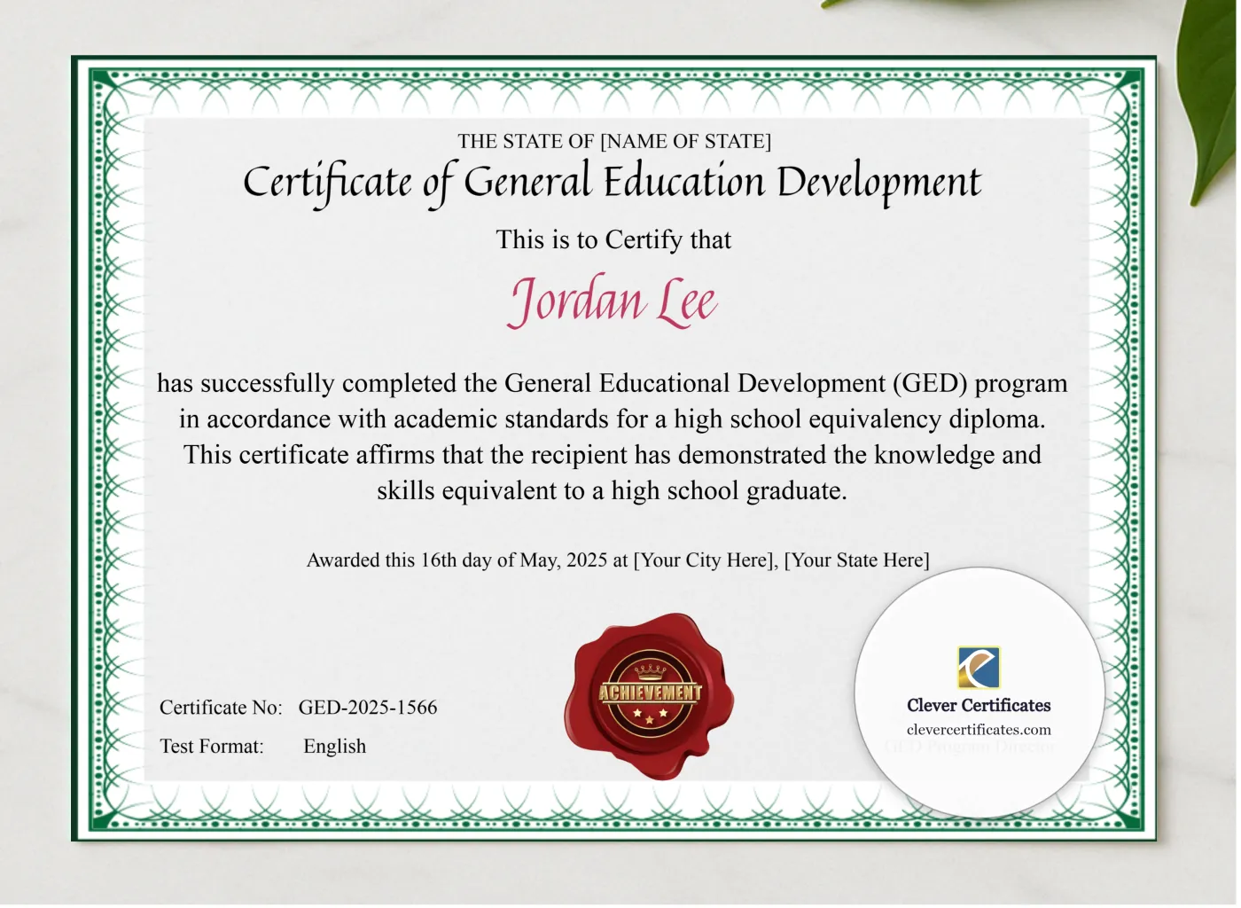 GED Certificate presented in a sleek wooden frame, elegantly arranged on a stylish table.