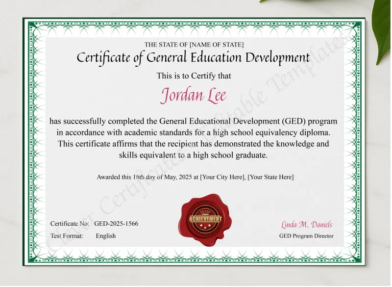 GED Certificate presented in a sleek wooden frame, elegantly arranged on a stylish table.