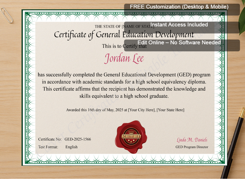 Zoomed preview with Free Editor badge stack for GED Certificate
