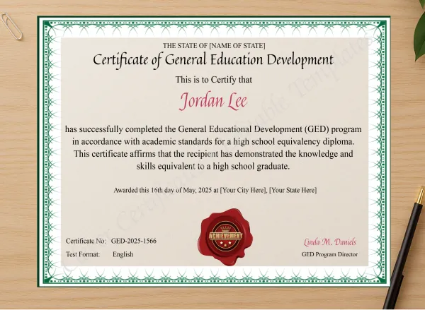Professional preview of GED Certificate certificate on high-quality stationery paper, ideal for showcasing the final look.