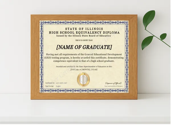 Realistic mockup featuring Illinois GED displayed within a modern frame, set against a minimalistic background.