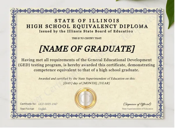 Illinois GED presented in a sleek wooden frame, elegantly arranged on a stylish table.